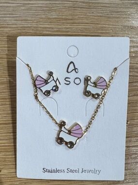 ASOS Kids Gold Tone Necklace & Earring Set with Pink Pram Charms